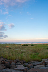 A Gorgeous View of Sand Dunes Covered in Plants With the Ocean and Sky Over Them at a Rock Wall