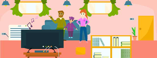 Parents and children sitting watching tv  In the living room  Happily  Family holiday Vector Illustration, Lifestyle Vacation Home Activities