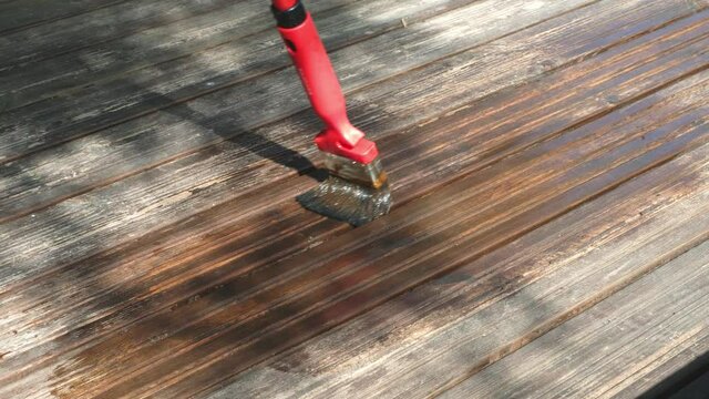 A man holds a paint brush in his hand and paints the floor. Close-up.