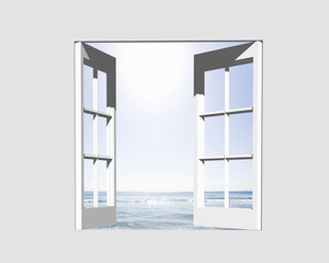 窓から波打ち際と光