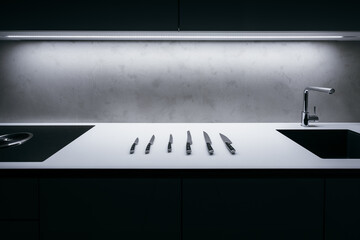 White kitchen worktop with concrete spatula on wall and illuminated LED strip in ceiling. There is...