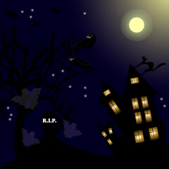 Haunted witch house with black cat, ravens and moon
