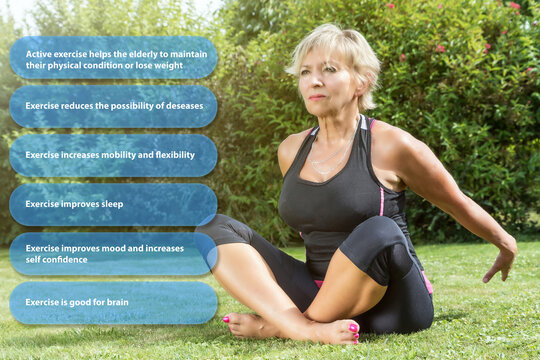 Attractive senior woman is sitting in a stretched pose outdoors. Presentation of benefits of regular exercise for older women presentation is ready for your use.