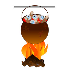 Witch's cauldron in which a potion is brewed with eyes and fingers