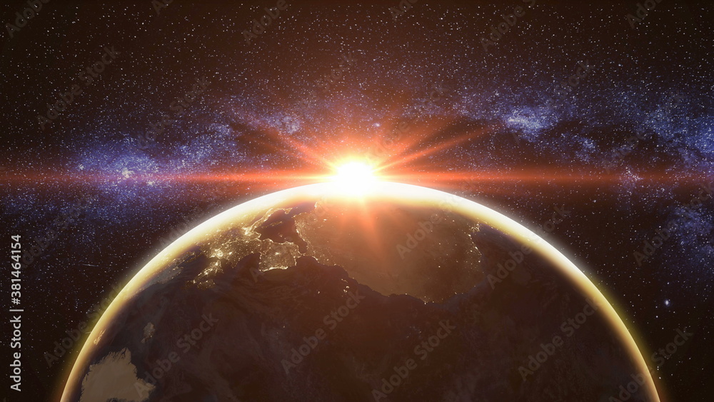 Canvas Prints space sunset earth scape: sun set with its rays behind model of planet in 3d illustrations. cosmos a