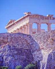 Athens Greece, detail of Parthenon ancient temple north view under blue sky