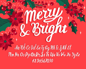 Christmas font. Holiday typography alphabet with season wishes and festive illustrations. - 381464194