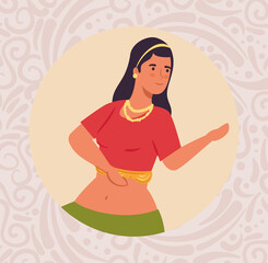 woman indian with clothes traditional dancing in frame circular vector illustration design