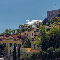 Athens Greece, colorful houses at Plaka old neighborhood on the cliff of Acropolis hill