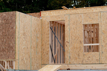 start of construction of a new house Interior of a new home construction showing the first floor frame