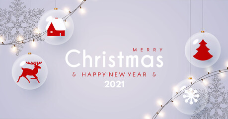 Merry Christmas and Happy New 2021 Year design template with glossy balls, light garland, snowflakes and nordic toys