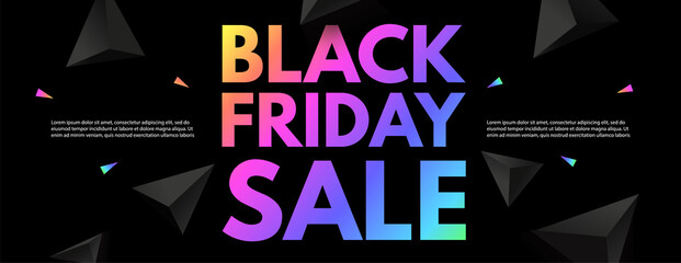 Black Friday Sale poster template. Super offer. 3D triangles and neon rainbow gradient effect