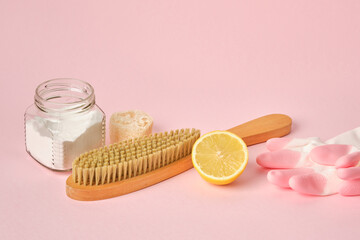 Eco friendly natural cleaning tools and products on pink background, Zero waste concept. Plastic free.