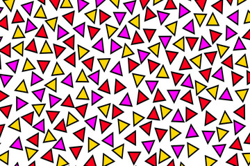 Triangular memphis style pop art colors pattern. Geometric abstract colorful triangles graphic design vector background with bright pink, violet and yellow triangle pattern 
