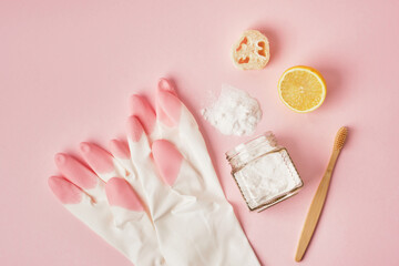 Eco friendly natural cleaning tools and products on pink background, Zero waste concept. Plastic free.