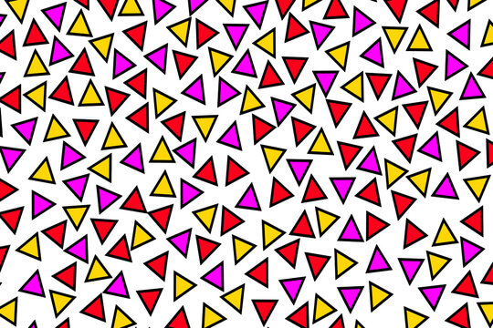 Triangular memphis style pop art colors pattern. Geometric abstract colorful triangles graphic design vector background with bright pink, violet and yellow triangle pattern © onajourney