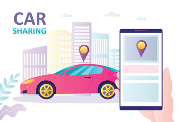 Smartphone with carsharing application, modern vehicle. Navigation system. Online rental or sharing service.