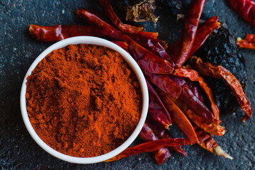 Cayenne and chili pepper close-up. Chile ancho is a variety of dried chili peppers