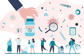 Group of various people in protective masks. Big hand give vaccine. Health care concept. Vaccination against coronavirus