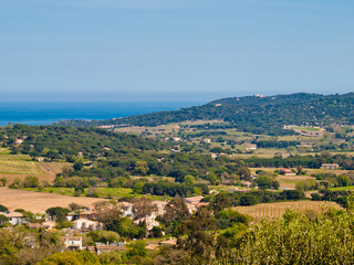 Panoramic view over the gulf of Saint-Tropez and the countryside seen from Ramatuelle, French Riviera, Cote d'Azur, Provence, southern France