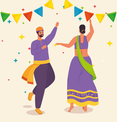 couple indian with clothes traditional dancing and garlands vector illustration design