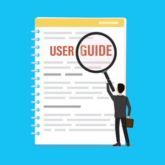 Businessman holds magnifying glass. Male character reads and studies user guide or FAQ. User manual or tutorial concept