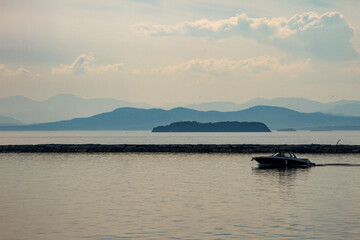 Speed boat cruising on Lake Champlain in Vermont