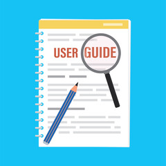 User guide with magnifying glass and pencil. User manual top view. Cartoon textbook isolated on blue background.