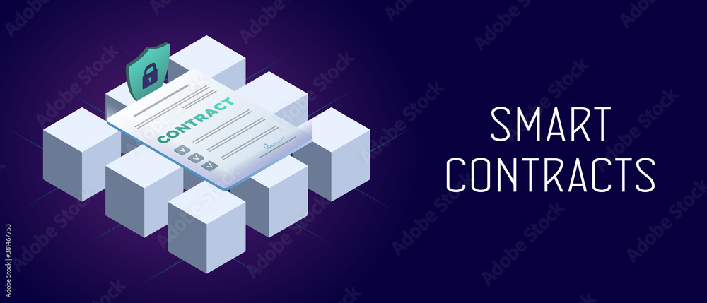 Poster smart contract horizontal vector concept. cryptocurrency blockchain business technology for fast and