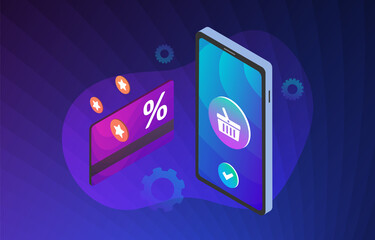 Loyalty marketing program - Cashback and retail Rewards customer service. Discount card with rewarding points and mobile phone with online-shop basket concept vector illustration