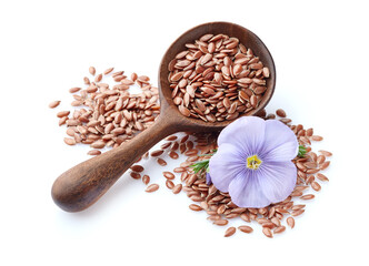 Flax seeds in wooden spoon in closeup