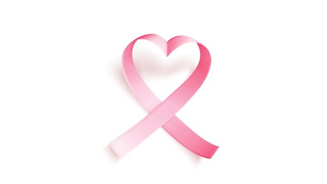 Realistic pink heart shaped ribbon. Animation with symbol of world breast canser awareness month in october.