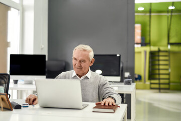 Portrait of cheerful aged man, senior intern looking focused at the screen while using laptop, sitting at desk, working in modern office
