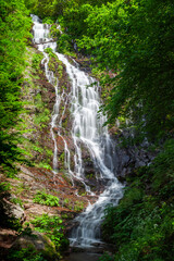Fototapeta na wymiar Powerful Pilj waterfall on Old mountain (Stara planina) in Serbia, cascading down the wet, red rocks and surrounded by vivid green trees