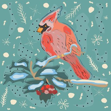Winter Holiday Greeting Card with Cute Hand Drawn Cardinal Bird on the Rowan Tree. Pastel Blue Background