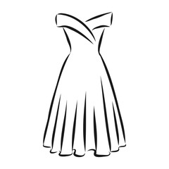 women's dresses. Hand drawn vector illustration. Black outline drawing isolated on white background women's dress, vector sketch illustration