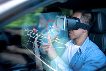 Virtual augmented reality driving user interface simulation projection holographical information display screen navigation man in car wearing vr headset interacting interface pointing finger selection