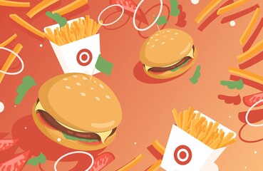Fast food vector flat banner design. Cheeseburger or hamburger and French fries on a bright background. Delicious tasty fast food poster template for restaurant or cafe design.