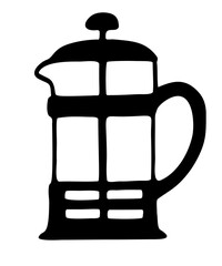 Vector hand drawn illustration of French press. Outline doodle isolated on white background