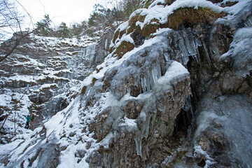Icicles in Slovakia nature. Wintertime in nature. Cold valley. 