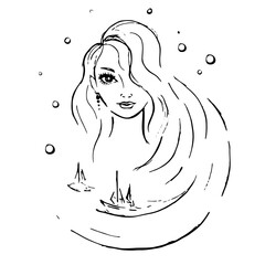 Fantasy portrait marine girl with wave long hair with ship. Ocean sea water nymph, goddess, mermaid . Woman, female symbol of element of aqua water. For tattoo, print, cosmetics, fashion. Hand drawn