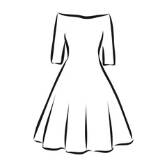 women's dresses. Hand drawn vector illustration. Black outline drawing isolated on white background women's dress, vector sketch illustration