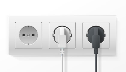 Realistic Detailed 3d Plugs inserted in Electrical Outlet Set. Vector