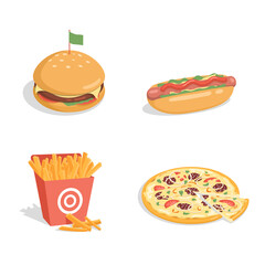 Cheeseburger, hot dog, French fries, and pizza vector flat cartoon illustration isolated on white background. Delicious fast food. Tasty fast food for restaurant or cafe menu design.