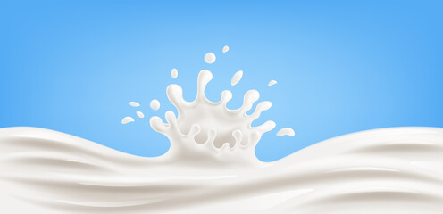 Realistic splash of milk on blue background Vector illustration
