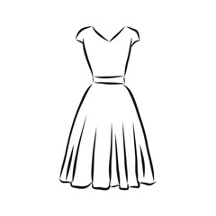 women's dresses. Hand drawn vector illustration. Black outline drawing isolated on white background women's dress, vector sketch illustration