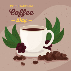 international coffee day poster, 1 october, with cup and grains of coffee vector illustration design