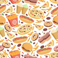 Fast food seamless pattern. Tasty and delicious cheeseburger, hot dog, French fries, pizza, ice cream, cupcake, doughnut on white background. Fast food vector flat cartoon backdrop.