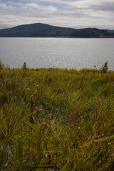 grassy field with a lake and small mountain at Round Valley recreation area in New Jersey.
