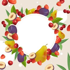 Fruits and berries round frame template. Plums, strawberries, pears, and cherries vector cartoon illustration. Healthy vegan fruits and berries round border for label or logotype design.